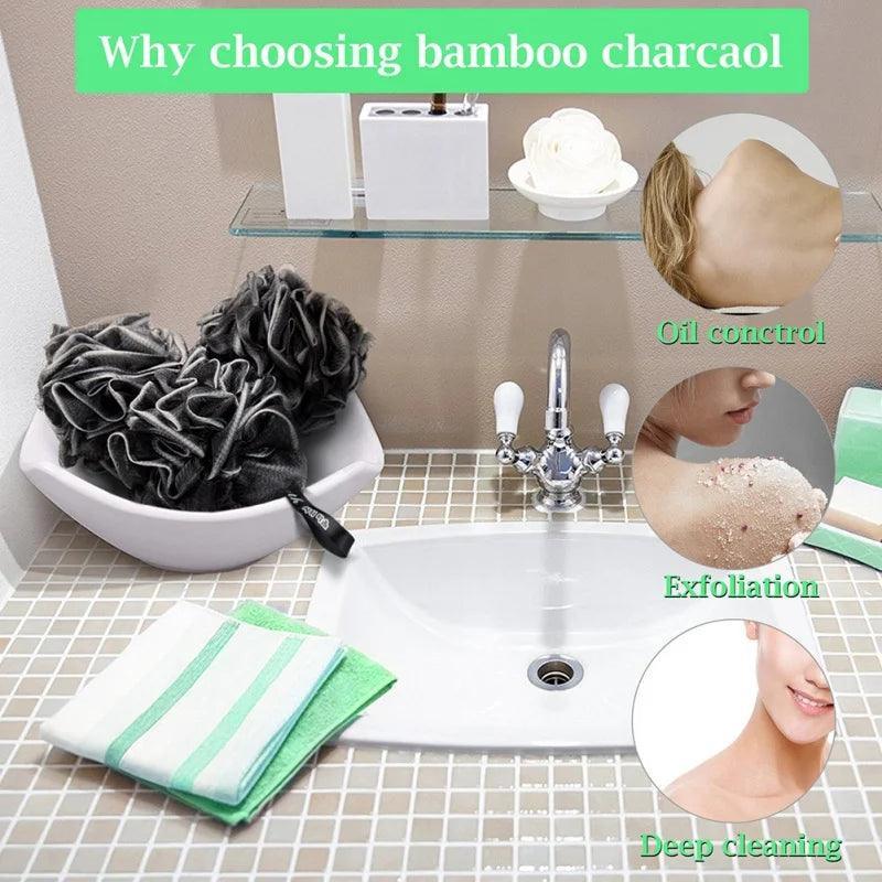 Bamboo Charcoal Bath Ball Bath Flower Bath Loofah Sponge Shower Pouf Body Scrubber Ball Mesh Pouf Bath Sponge Easy to Use - Ofertas fluxo